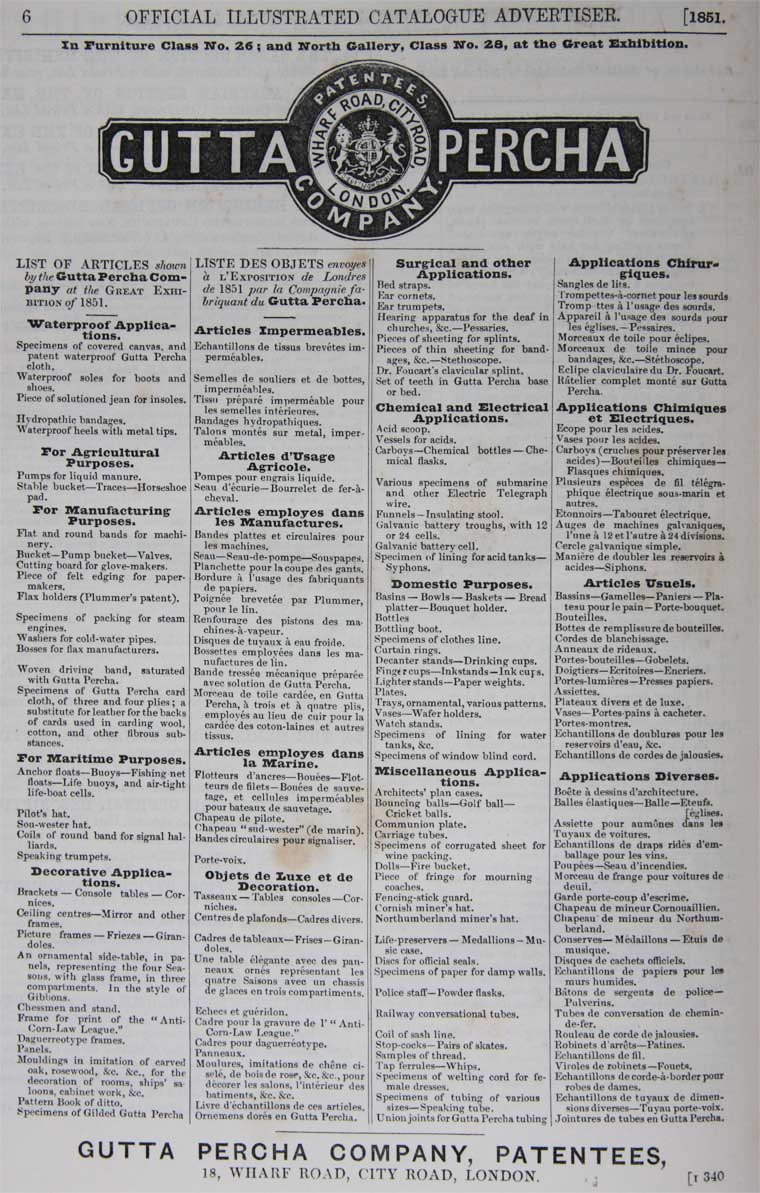 1851 Gutta Percha Company advertisement
