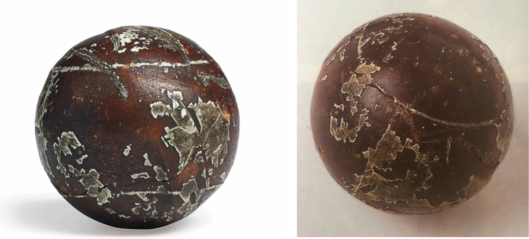 John Paterson line-cut gutta percha ball with feather ball stitching pattern
