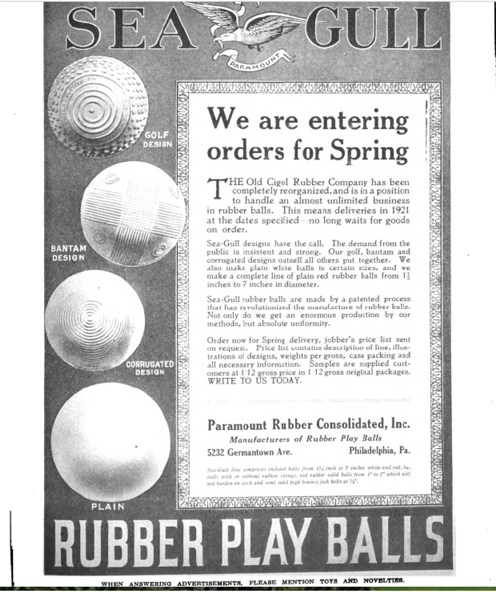 Paramount Rubber Consolidated Sea Gull play balls advertisement