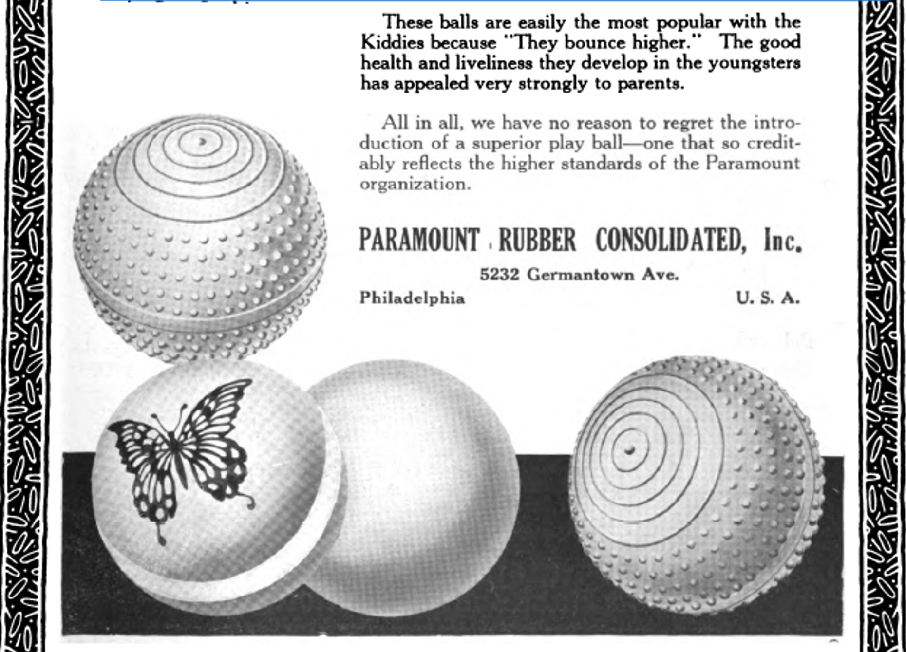 Paramount rubber balls advertisement emphasizing bounce